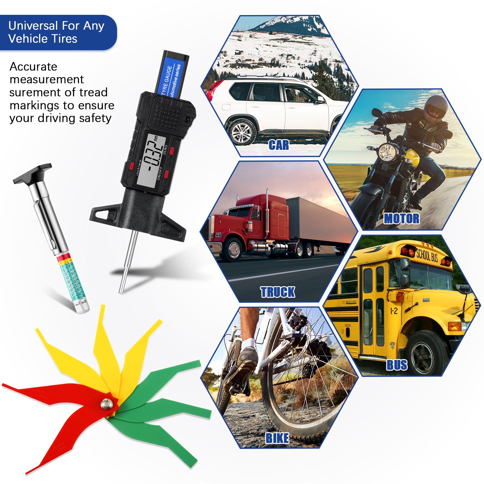 3 Pieces Tire Tread Depth Gauge Tool Digital Tread Depth Gauge Brake Lining Thickness Ruler Coded Tire Automotive Brake Pad Measure Ruler for Motorcycle, Car, Truck and Bus - Image 6