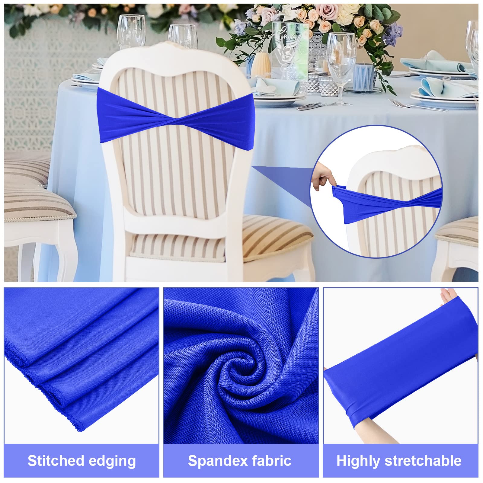 Frienda 120 Pieces Spandex Stretch Chair Sashes Bows, Elastic Chair Cover Bands Ties Without Buckle for Wedding Reception Events Universal Ceremony Banquet Decorations (Royal Blue) - Image 3