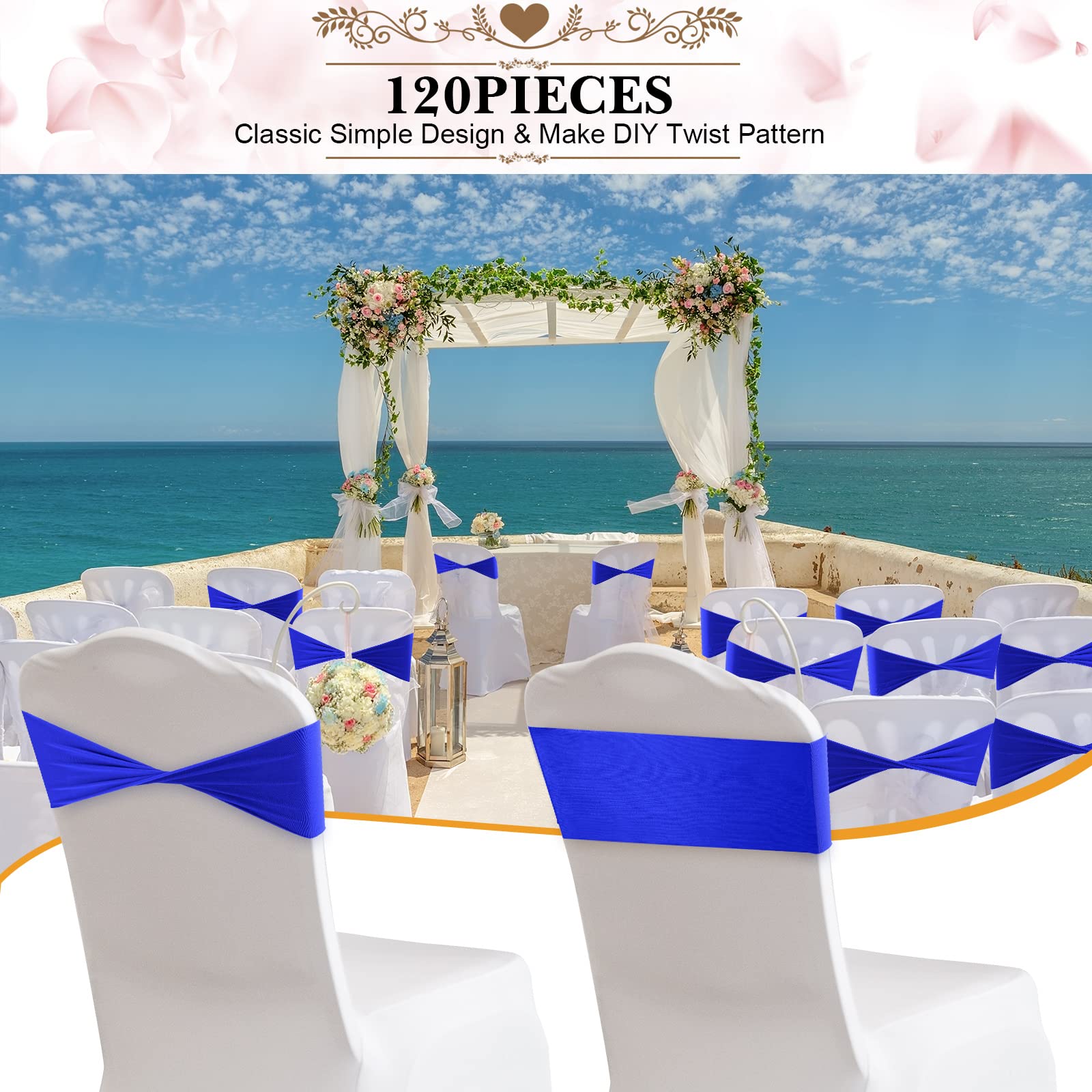 Frienda 120 Pieces Spandex Stretch Chair Sashes Bows, Elastic Chair Cover Bands Ties Without Buckle for Wedding Reception Events Universal Ceremony Banquet Decorations (Royal Blue) - Image 4