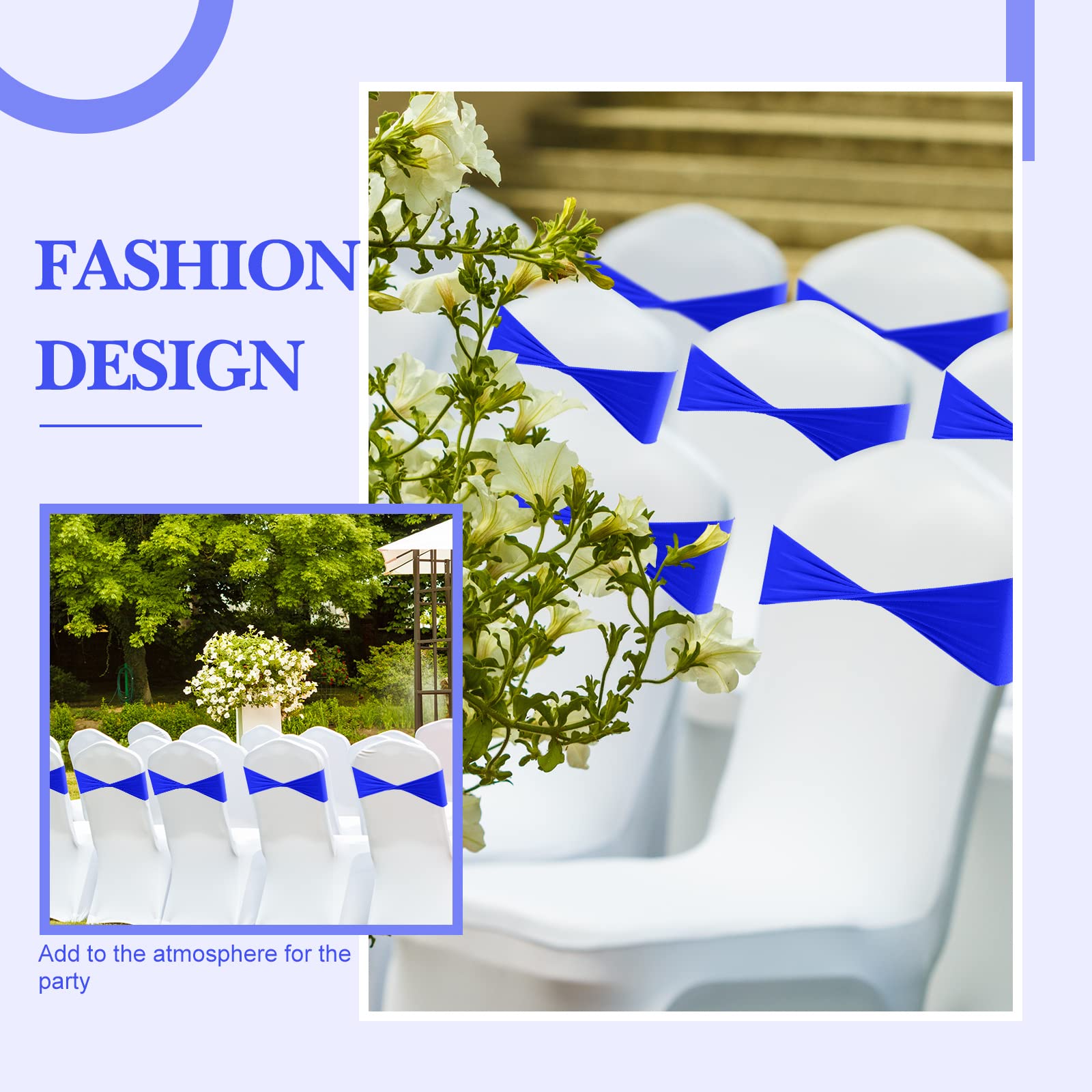 Frienda 120 Pieces Spandex Stretch Chair Sashes Bows, Elastic Chair Cover Bands Ties Without Buckle for Wedding Reception Events Universal Ceremony Banquet Decorations (Royal Blue) - Image 5