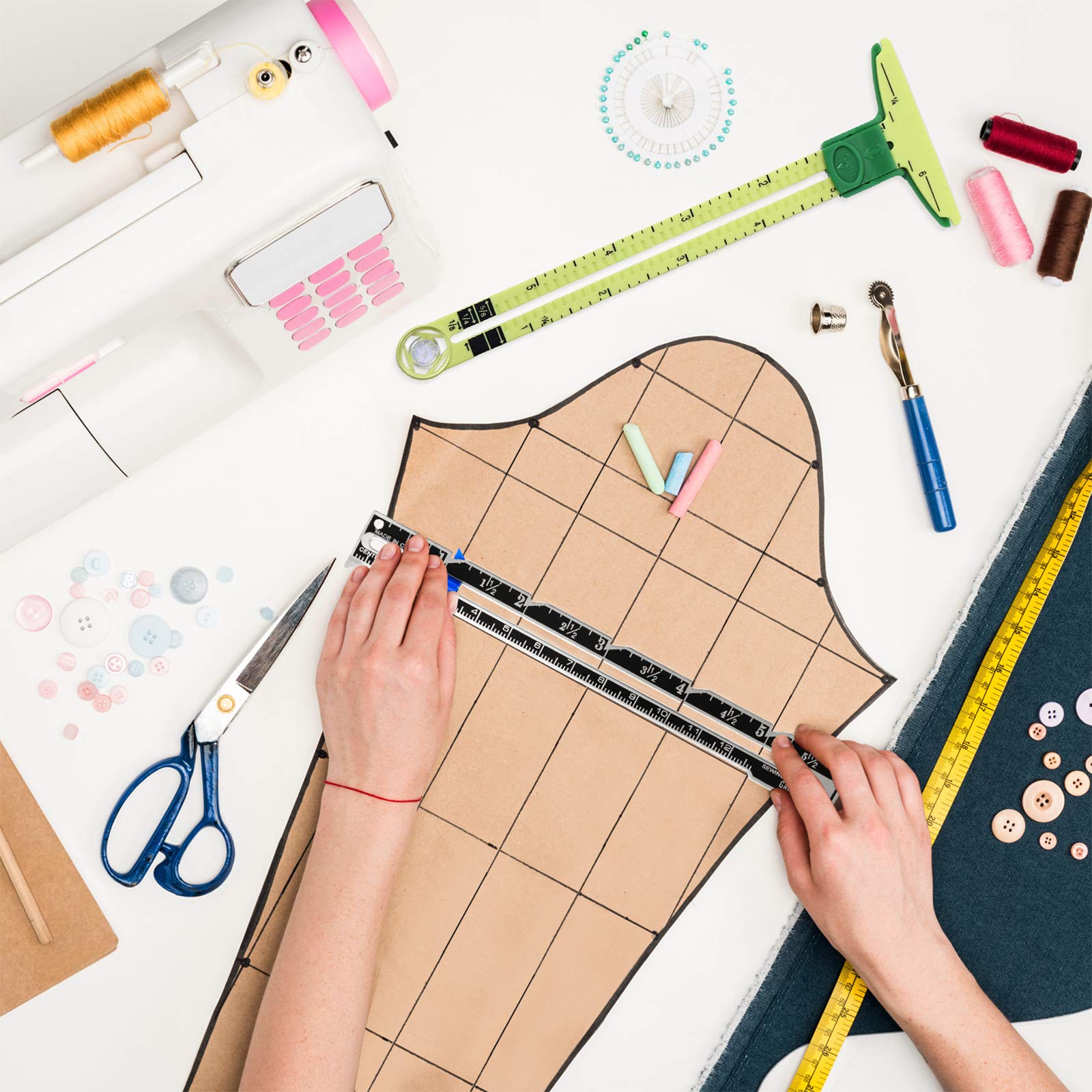 Frienda 2 Pieces Sewing Gauge with Sliding Marker, 5-in-1 Measuring Sewing Tool, Fabric Ruler Sliding Gauge Hemming Ruler for Quilting Knitting Crafting Beginner Supplies Machine Accessories - Image 5