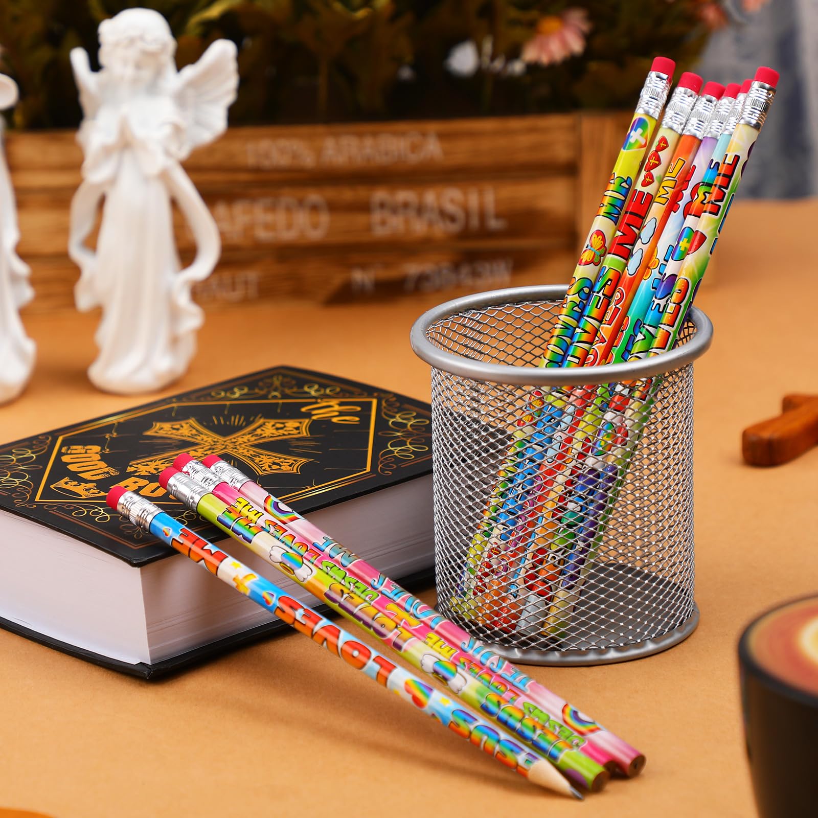 Frienda 200 Pcs Bulk Jesus Loves Me Pencils for Kids Assorted Religious Christian Pencils with Eraser Sunday School Church Gifts Butterfly Rainbow Dove Heart Fish Pen for Easter Party School Favor - Image 3