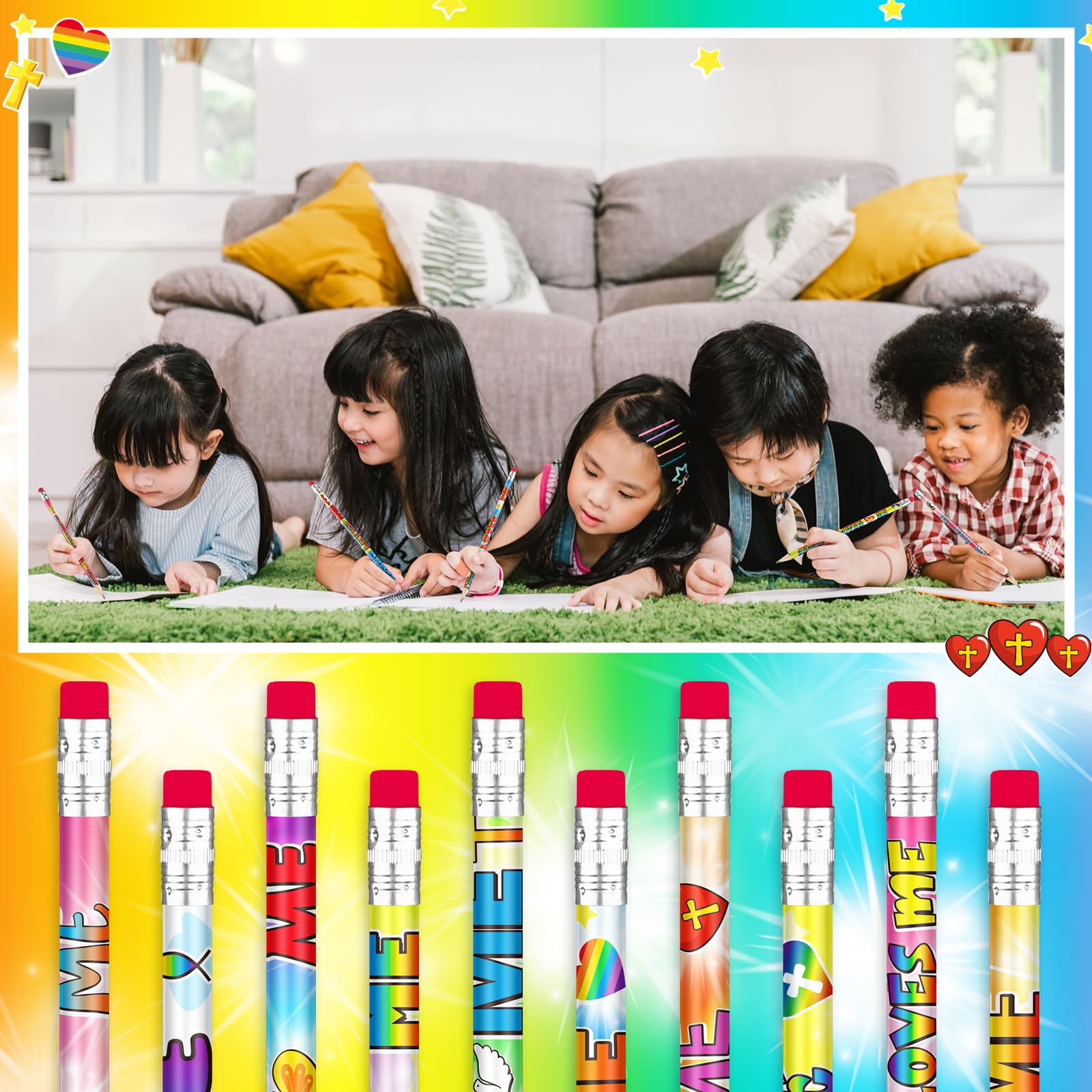 Frienda 200 Pcs Bulk Jesus Loves Me Pencils for Kids Assorted Religious Christian Pencils with Eraser Sunday School Church Gifts Butterfly Rainbow Dove Heart Fish Pen for Easter Party School Favor - Image 4