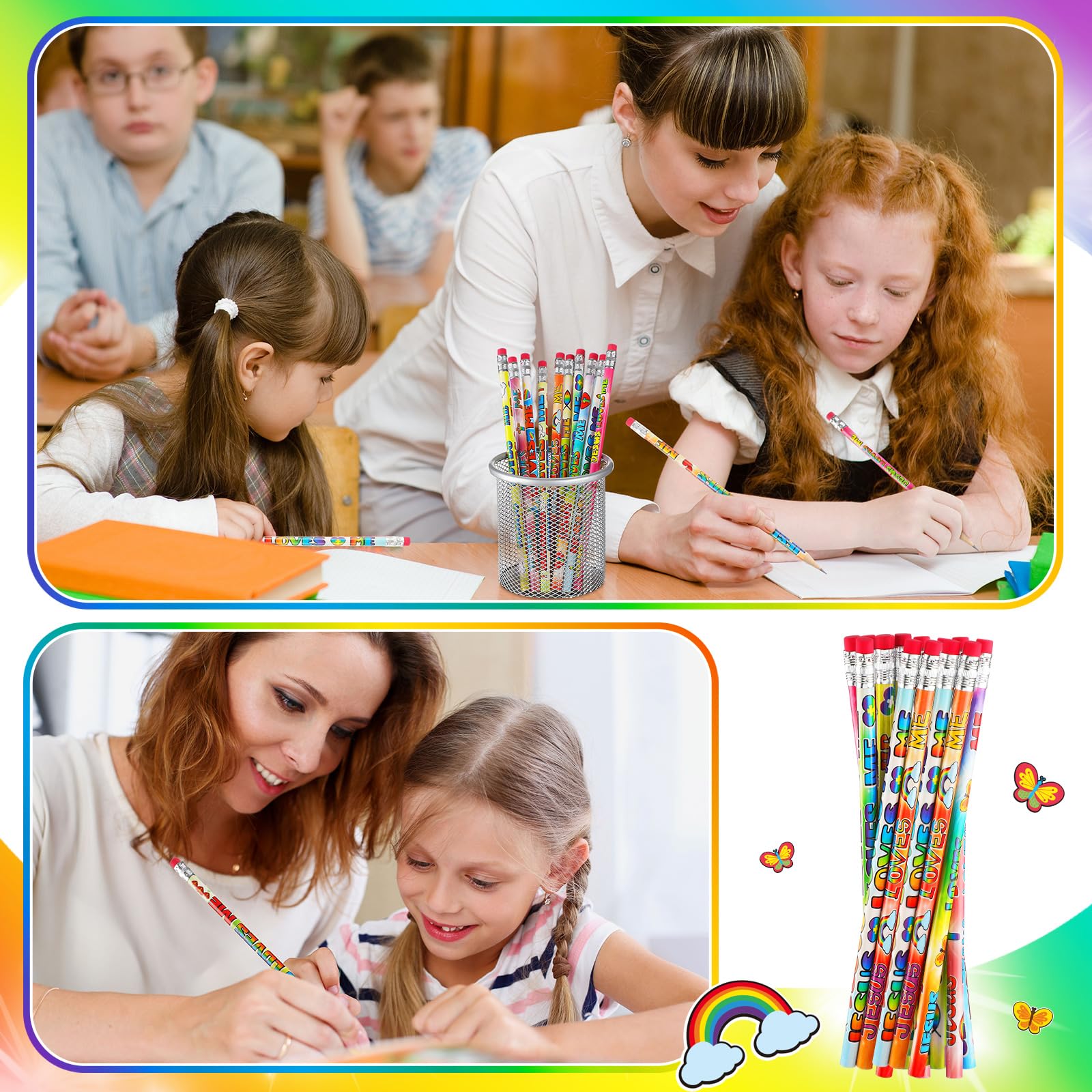 Frienda 200 Pcs Bulk Jesus Loves Me Pencils for Kids Assorted Religious Christian Pencils with Eraser Sunday School Church Gifts Butterfly Rainbow Dove Heart Fish Pen for Easter Party School Favor - Image 7