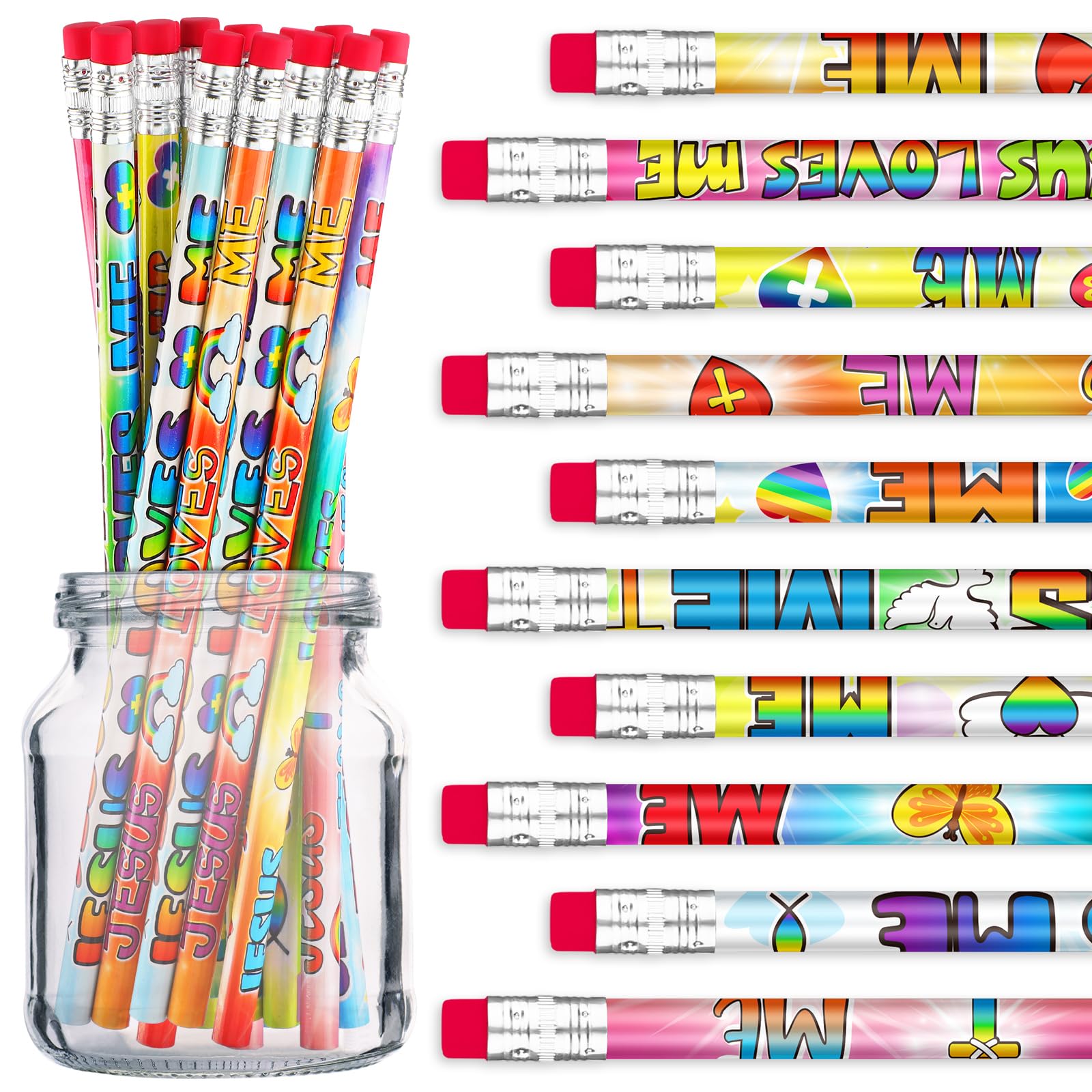 Frienda 200 Pcs Bulk Jesus Loves Me Pencils for Kids Assorted Religious Christian Pencils with Eraser Sunday School Church Gifts Butterfly Rainbow Dove Heart Fish Pen for Easter Party School Favor - Image 8