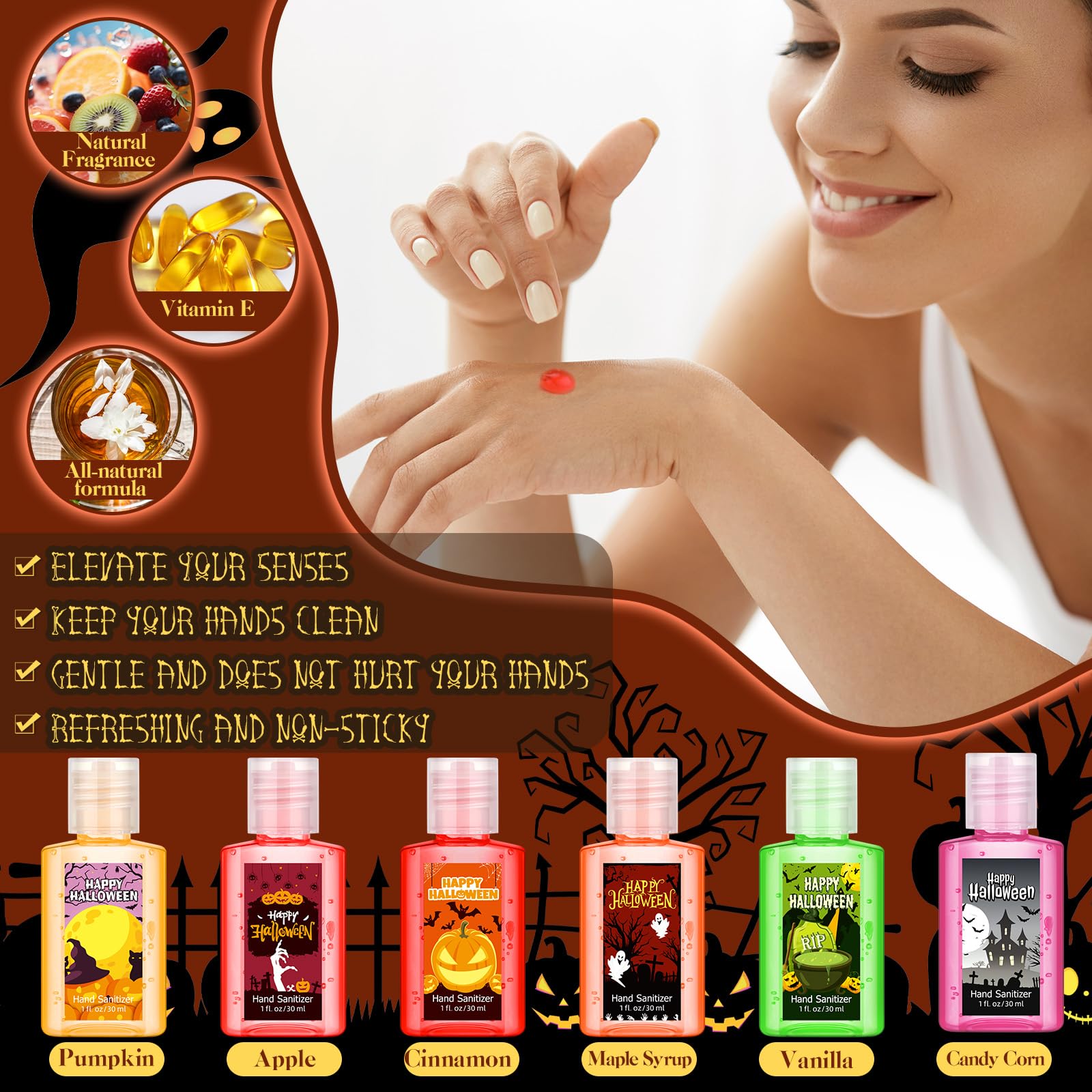 Frienda 24 Pack Halloween Mini Hand Sanitizers Bulk Travel Size 1 oz Pocket Hand Sanitizer Pumpkin Vampire Holiday Gift for Halloween Party Favor Trick or Treat Basket Decor Women Girl - Image 3