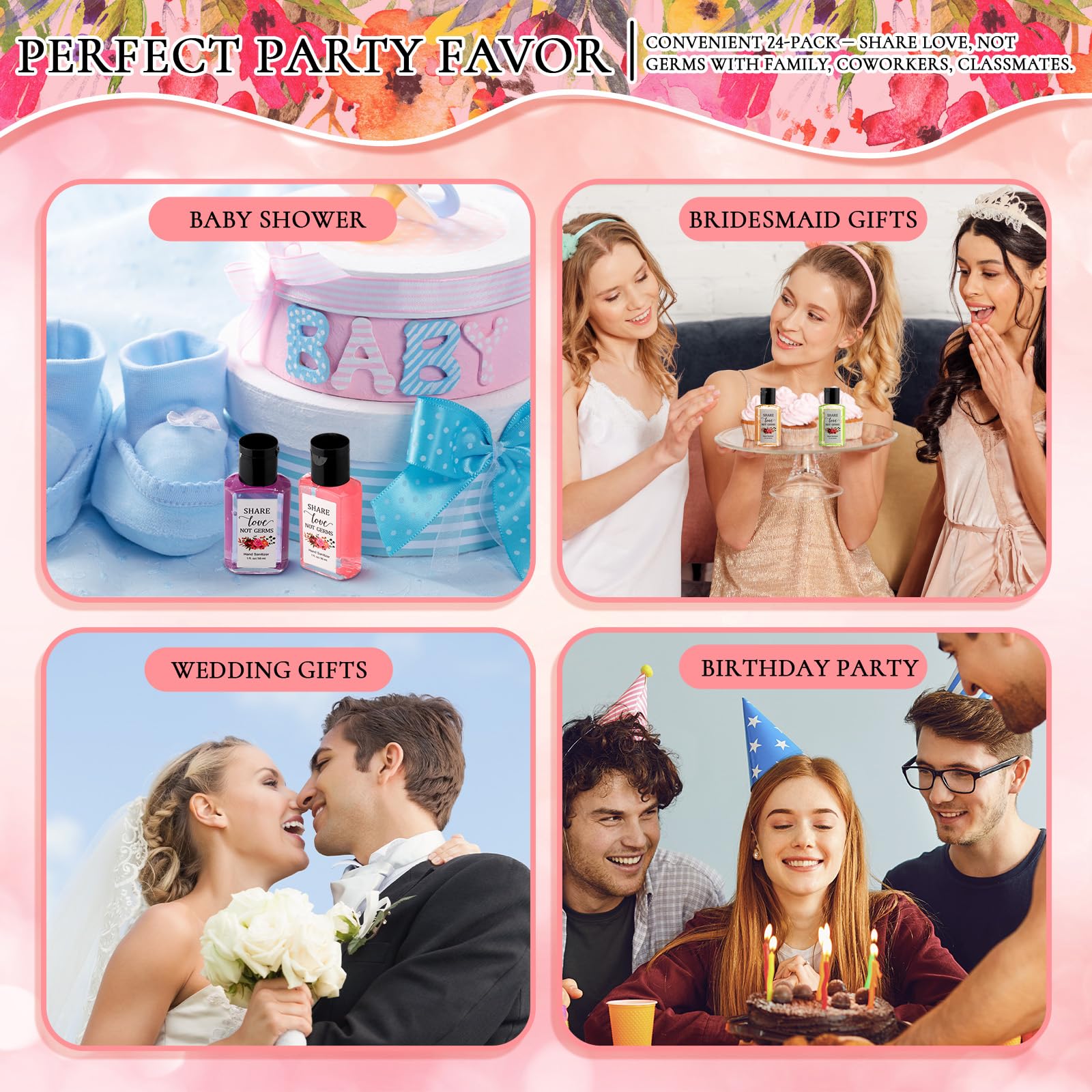 Frienda 24 Pack Wedding Mini Hand Sanitizer Bulk Travel Size 1oz Bridal Shower Favor Share Love Not Germs Scented Hand Sanitizer Pink Flower Thank You Gifts for Guest Mother Baby Shower Party Favor - Image 3