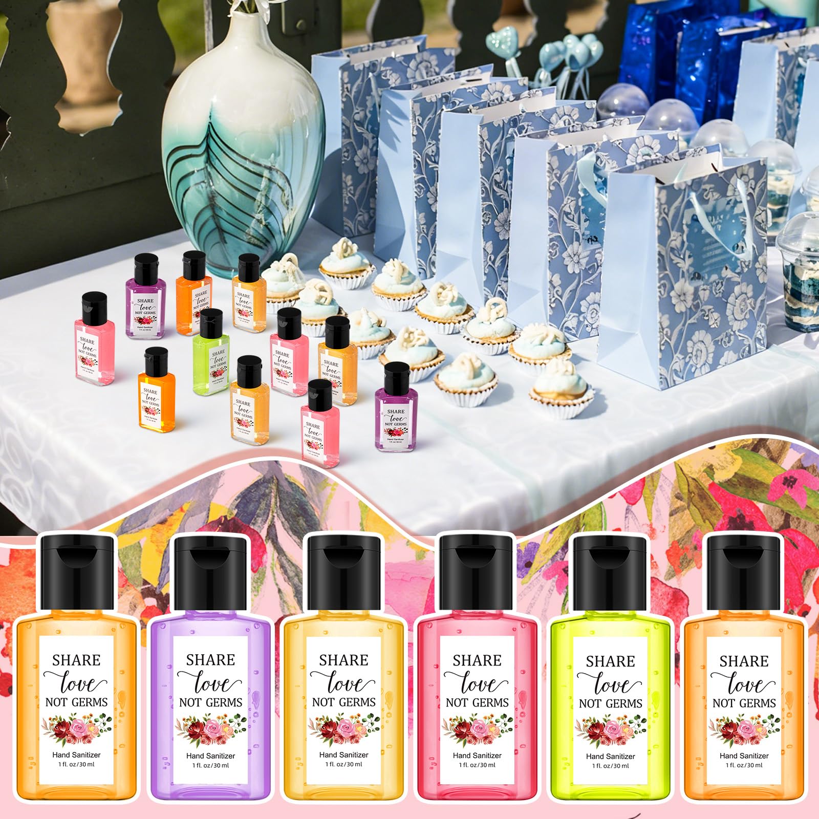 Frienda 24 Pack Wedding Mini Hand Sanitizer Bulk Travel Size 1oz Bridal Shower Favor Share Love Not Germs Scented Hand Sanitizer Pink Flower Thank You Gifts for Guest Mother Baby Shower Party Favor - Image 4