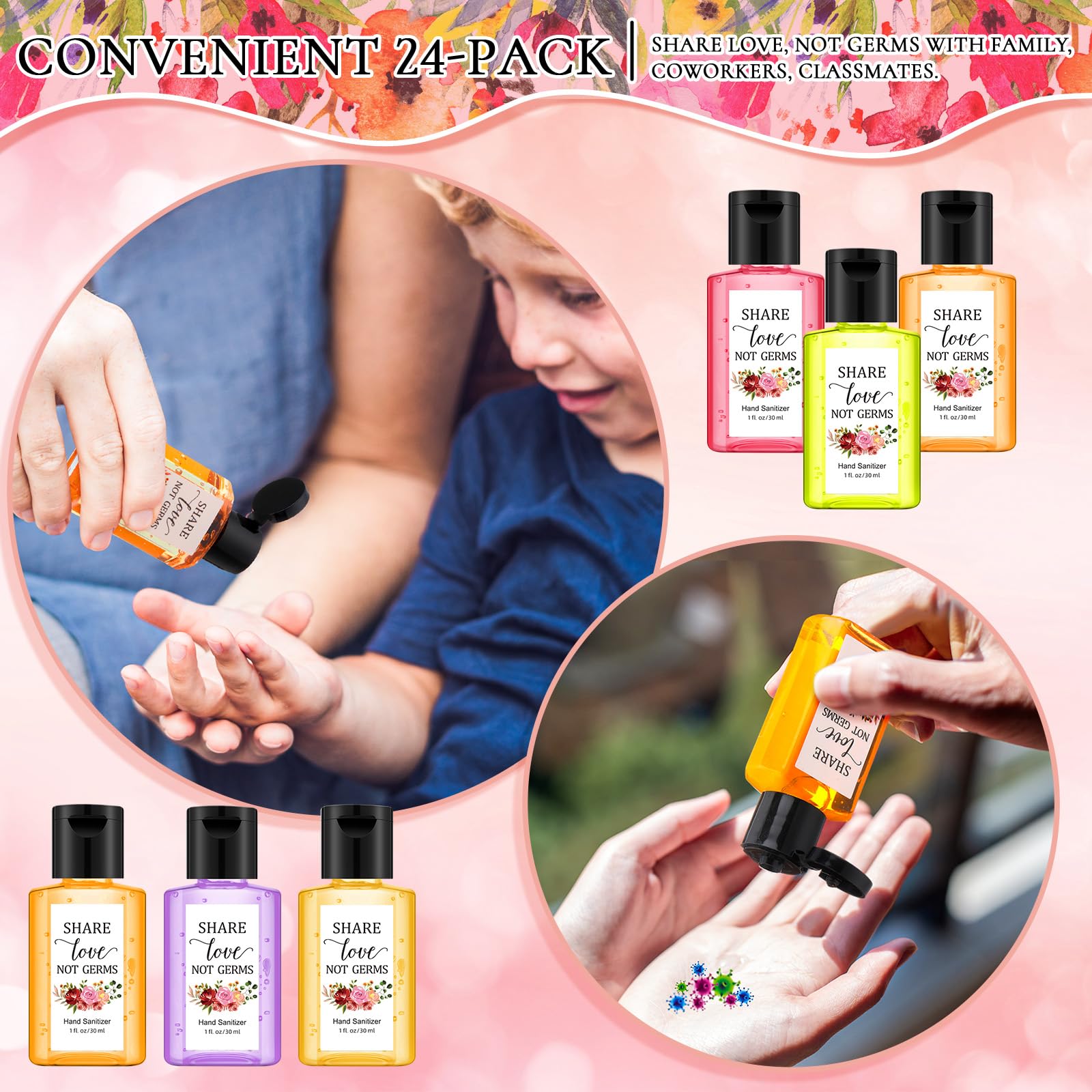 Frienda 24 Pack Wedding Mini Hand Sanitizer Bulk Travel Size 1oz Bridal Shower Favor Share Love Not Germs Scented Hand Sanitizer Pink Flower Thank You Gifts for Guest Mother Baby Shower Party Favor - Image 5