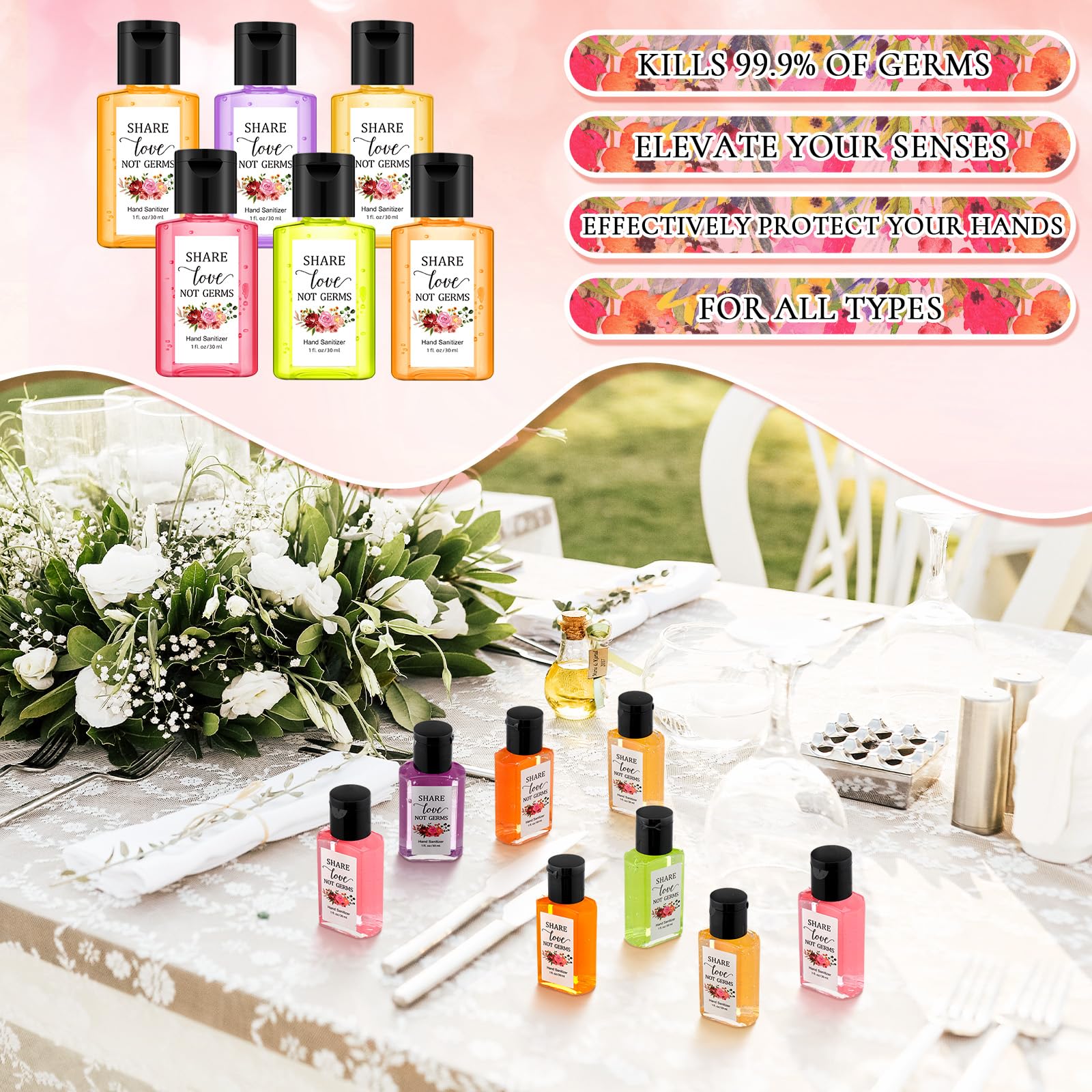 Frienda 24 Pack Wedding Mini Hand Sanitizer Bulk Travel Size 1oz Bridal Shower Favor Share Love Not Germs Scented Hand Sanitizer Pink Flower Thank You Gifts for Guest Mother Baby Shower Party Favor - Image 7
