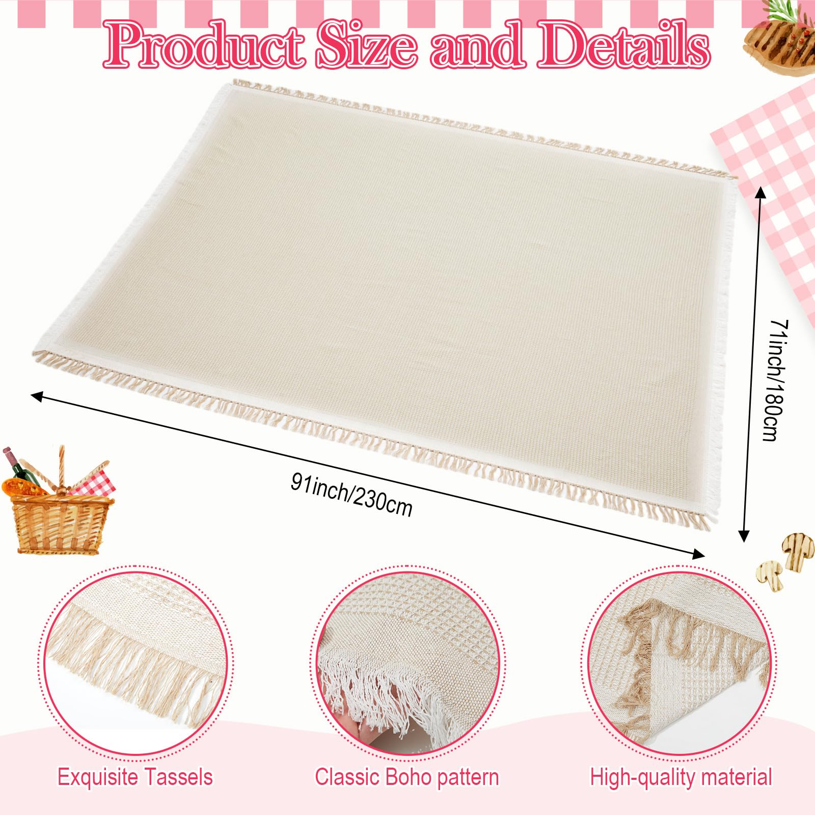 Frienda 91'' x 71'' Extra Large Outdoor Boho Picnic Blanket with Pink Table Runner 6 Pink Floor Pillows Cushions for Picnic Party Camping Wedding Bachelorette Birthday Baby Shower Backyard Decor - Image 3