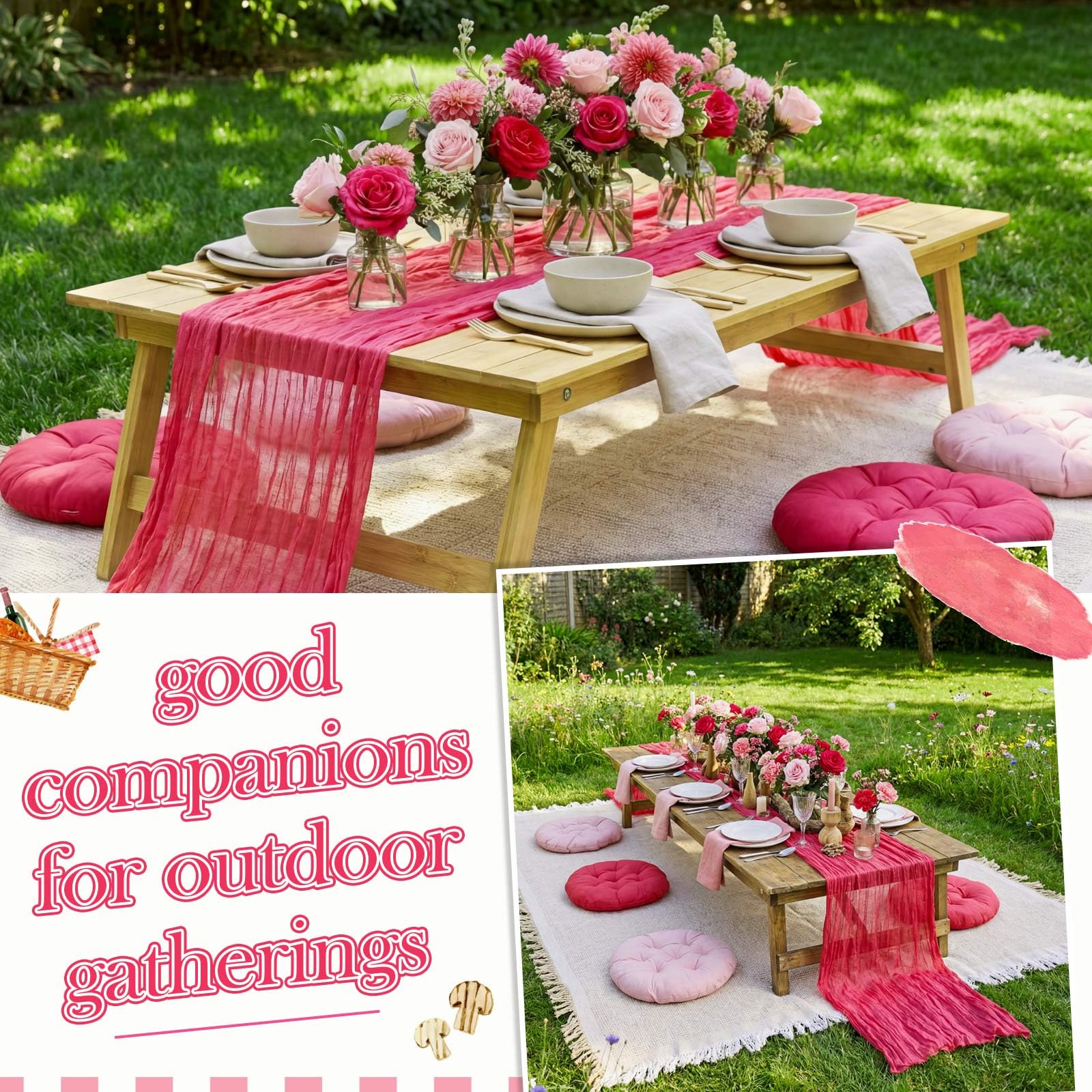Frienda 91'' x 71'' Extra Large Outdoor Boho Picnic Blanket with Pink Table Runner 6 Pink Floor Pillows Cushions for Picnic Party Camping Wedding Bachelorette Birthday Baby Shower Backyard Decor - Image 4