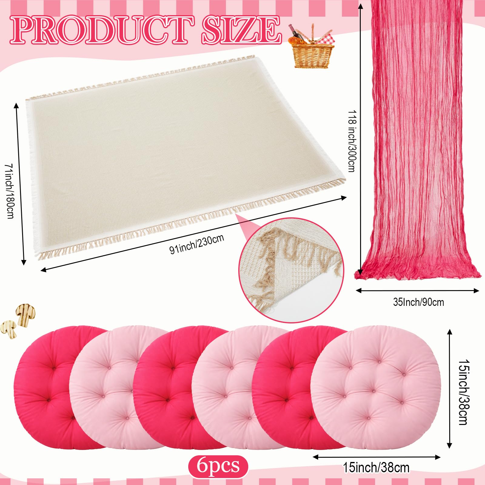 Frienda 91'' x 71'' Extra Large Outdoor Boho Picnic Blanket with Pink Table Runner 6 Pink Floor Pillows Cushions for Picnic Party Camping Wedding Bachelorette Birthday Baby Shower Backyard Decor - Image 5