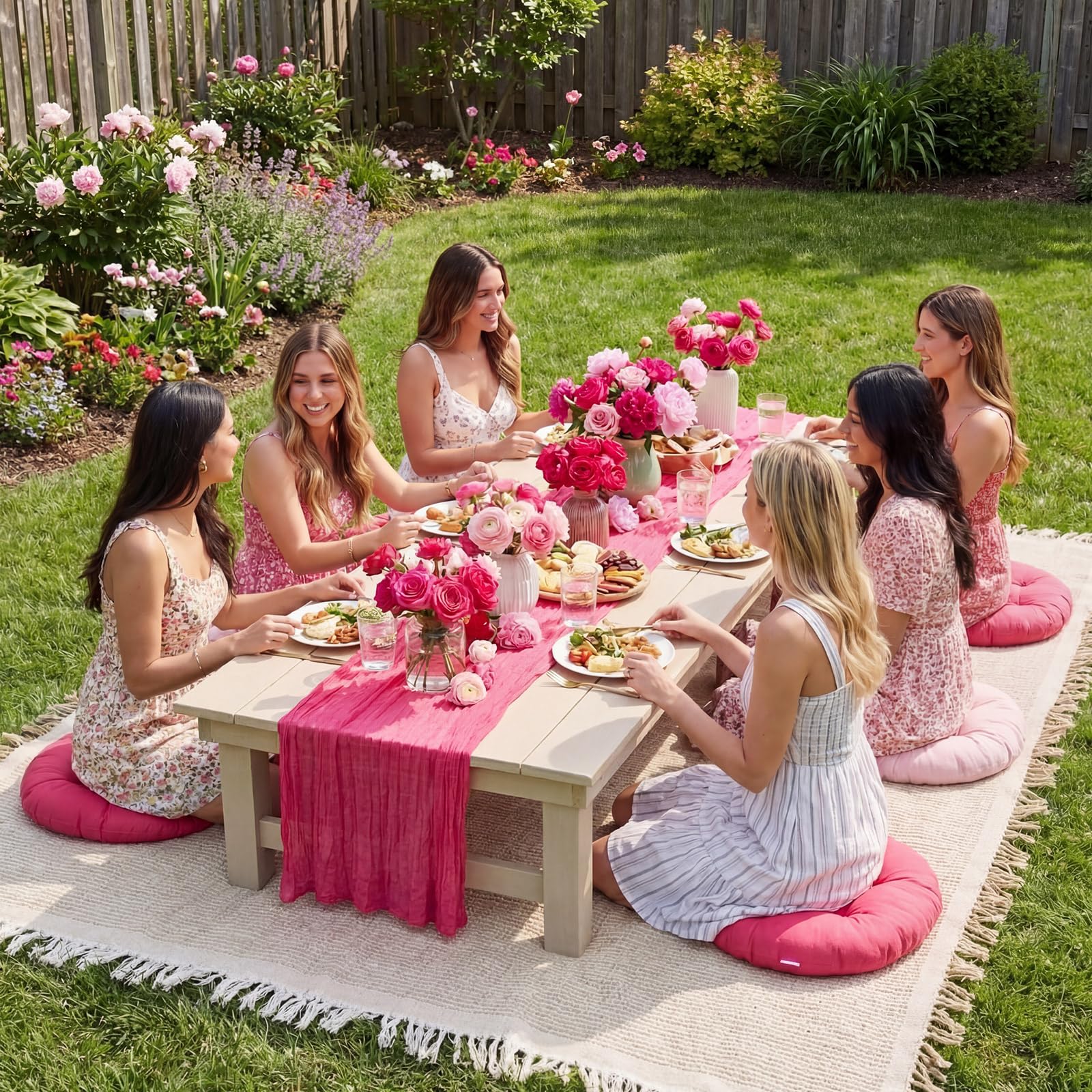 Frienda 91'' x 71'' Extra Large Outdoor Boho Picnic Blanket with Pink Table Runner 6 Pink Floor Pillows Cushions for Picnic Party Camping Wedding Bachelorette Birthday Baby Shower Backyard Decor - Image 6