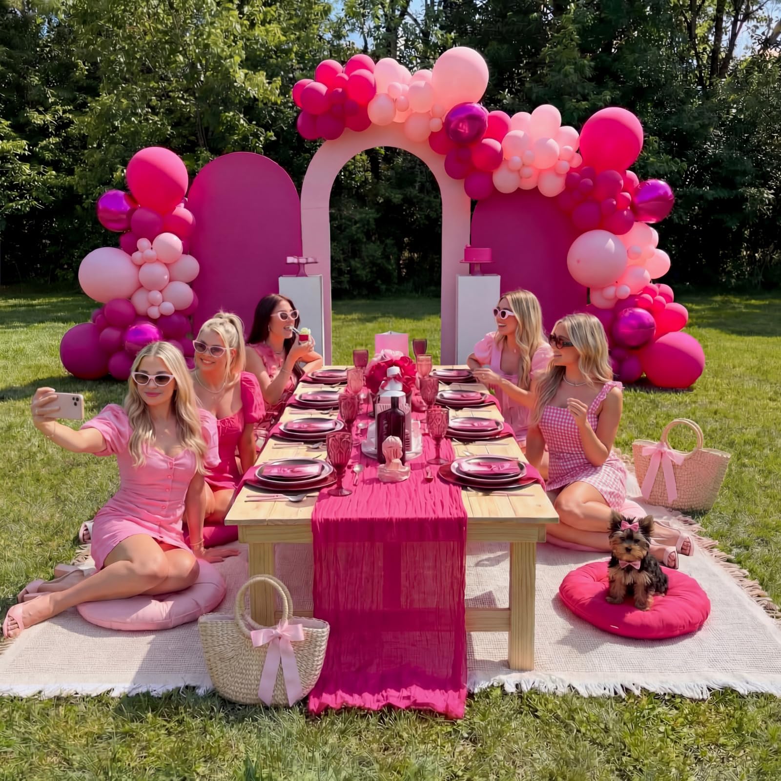 Frienda 91'' x 71'' Extra Large Outdoor Boho Picnic Blanket with Pink Table Runner 6 Pink Floor Pillows Cushions for Picnic Party Camping Wedding Bachelorette Birthday Baby Shower Backyard Decor - Image 7