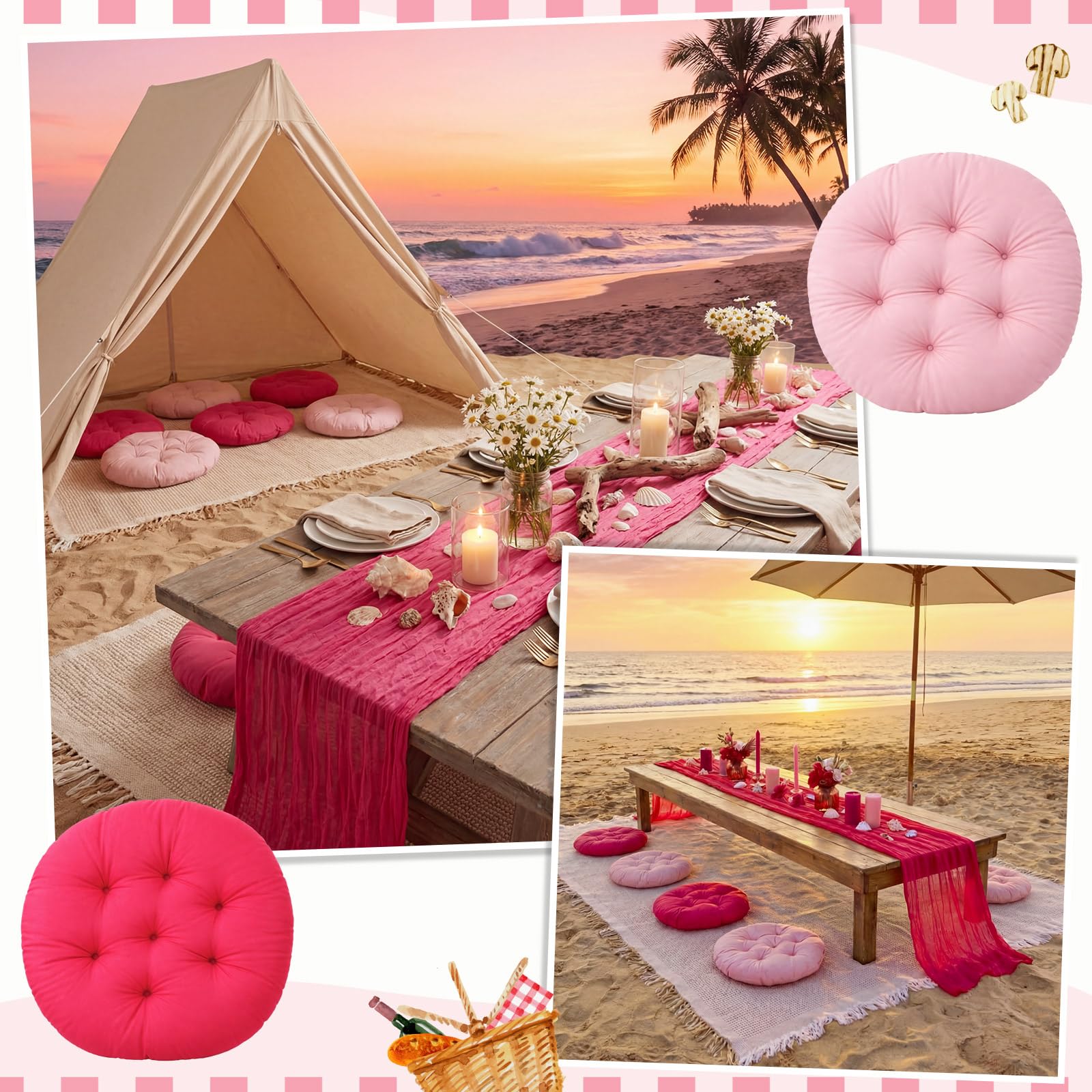 Frienda 91'' x 71'' Extra Large Outdoor Boho Picnic Blanket with Pink Table Runner 6 Pink Floor Pillows Cushions for Picnic Party Camping Wedding Bachelorette Birthday Baby Shower Backyard Decor - Image 8