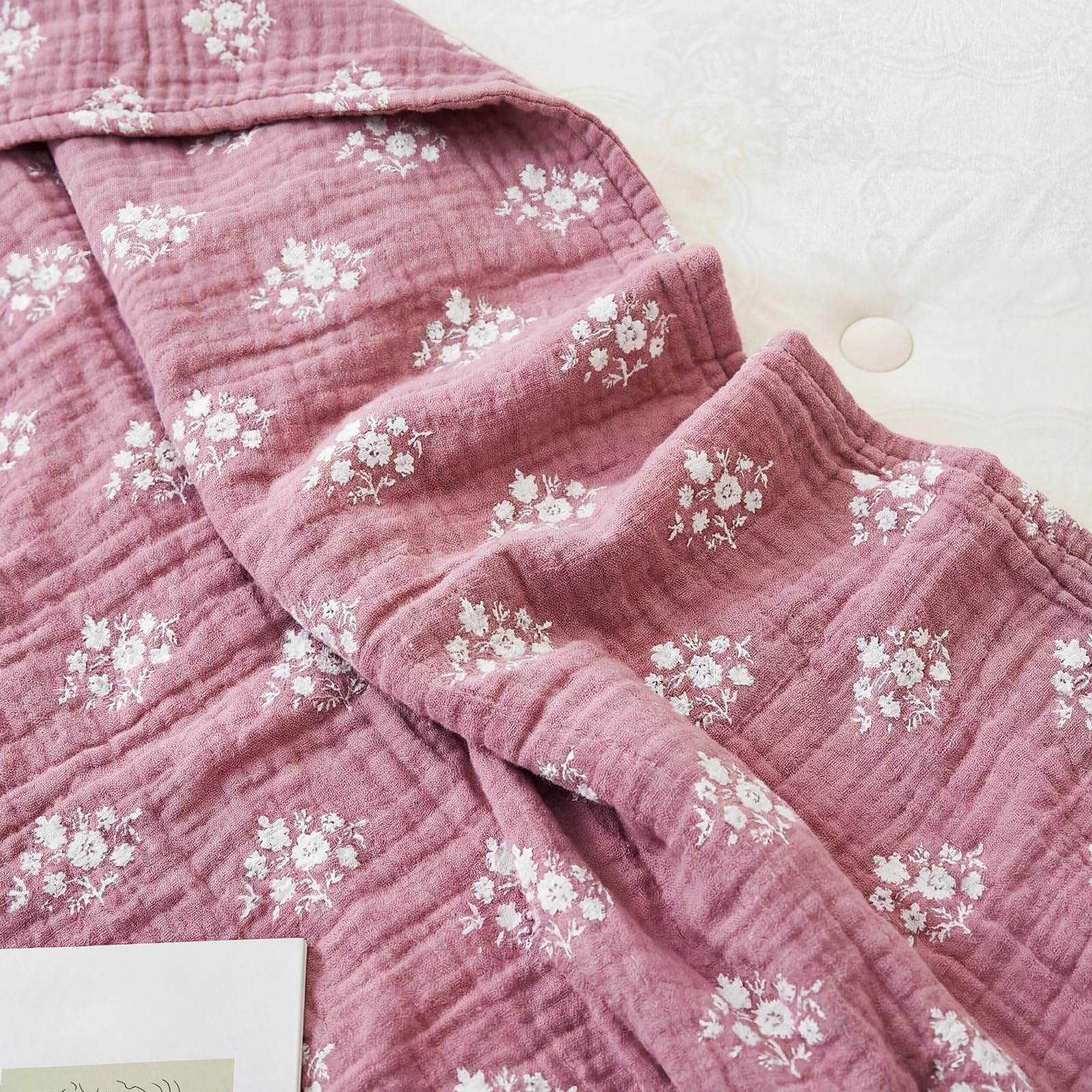 Frienda Floral Block Print Jacquard Throw Blankets 100% Cotton Muslin Blankets Breathable Soft 47 x 54" Quilt Purple Cream Throw 6-layer Linen Texture for Adults Season Bed Couch Gifts Home Sofa - Image 3