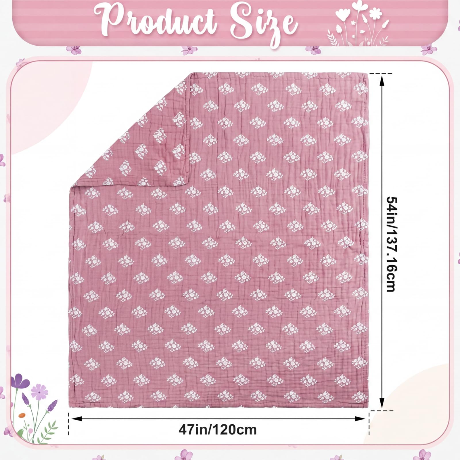 Frienda Floral Block Print Jacquard Throw Blankets 100% Cotton Muslin Blankets Breathable Soft 47 x 54" Quilt Purple Cream Throw 6-layer Linen Texture for Adults Season Bed Couch Gifts Home Sofa - Image 4