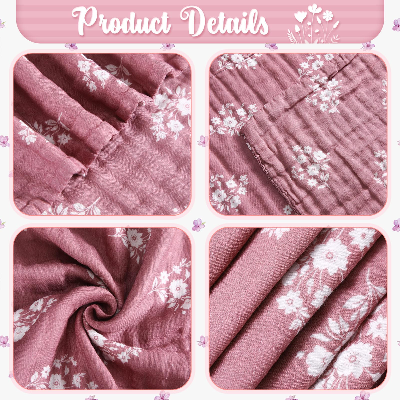 Frienda Floral Block Print Jacquard Throw Blankets 100% Cotton Muslin Blankets Breathable Soft 47 x 54" Quilt Purple Cream Throw 6-layer Linen Texture for Adults Season Bed Couch Gifts Home Sofa - Image 5