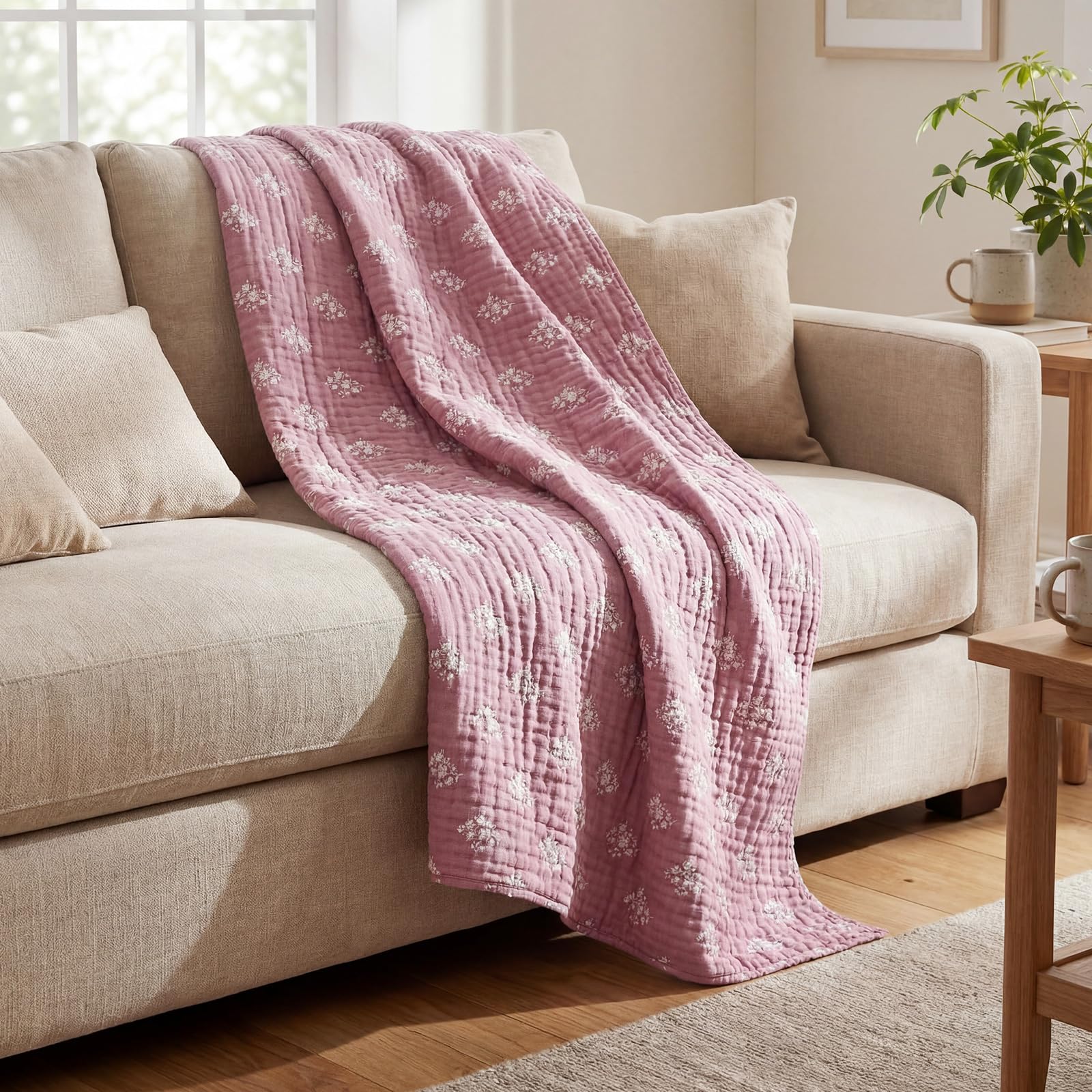 Frienda Floral Block Print Jacquard Throw Blankets 100% Cotton Muslin Blankets Breathable Soft 47 x 54" Quilt Purple Cream Throw 6-layer Linen Texture for Adults Season Bed Couch Gifts Home Sofa - Image 6