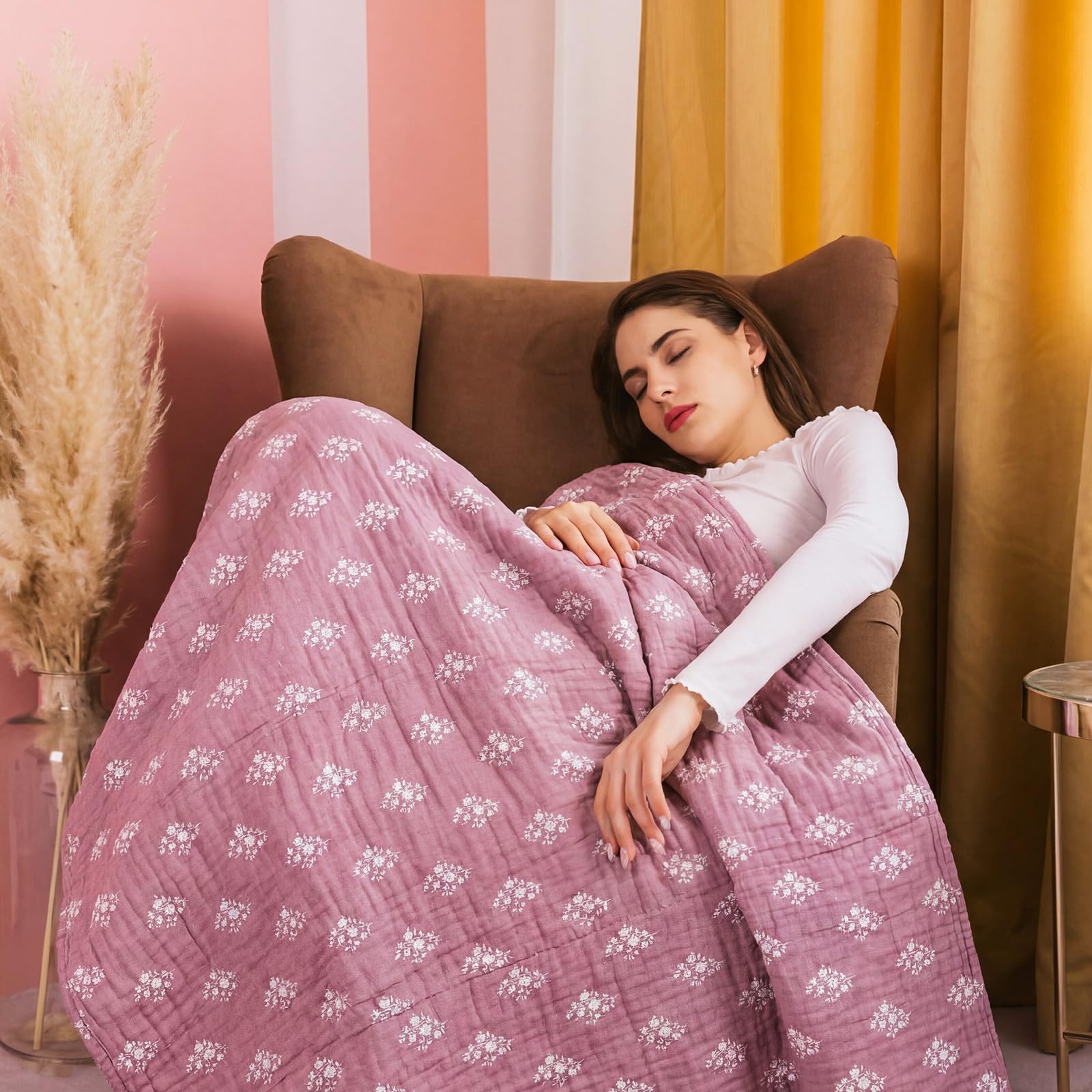 Frienda Floral Block Print Jacquard Throw Blankets 100% Cotton Muslin Blankets Breathable Soft 47 x 54" Quilt Purple Cream Throw 6-layer Linen Texture for Adults Season Bed Couch Gifts Home Sofa - Image 8