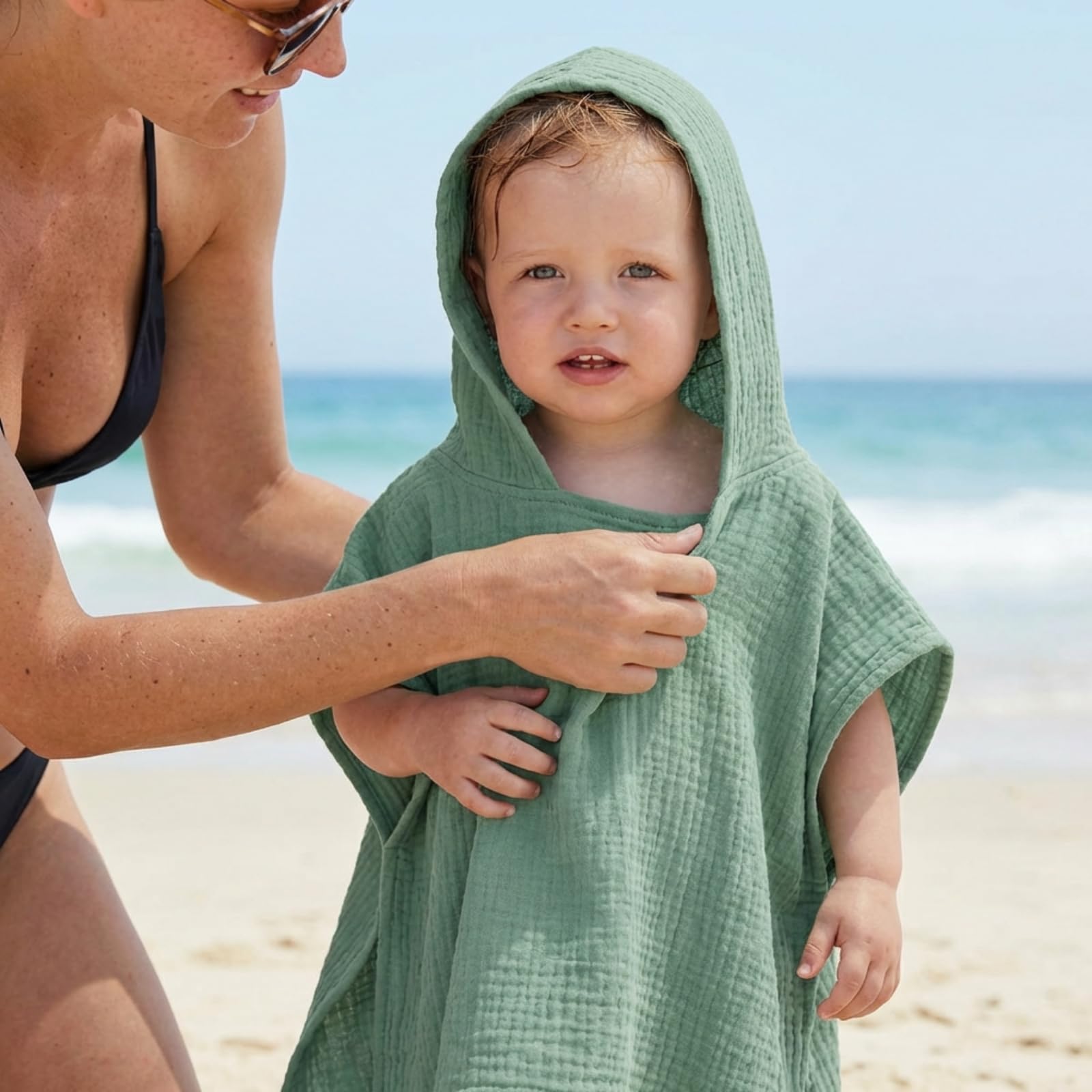 Frienda Muslin Hooded Beach Towel for 0-3 Years Kids Soft Muslin Bath Poncho for Baby Absorbent Fast Drying Blankets for Boys Girls Newborns Toddler Beach Pool Bath Essentials(Green) - Image 4