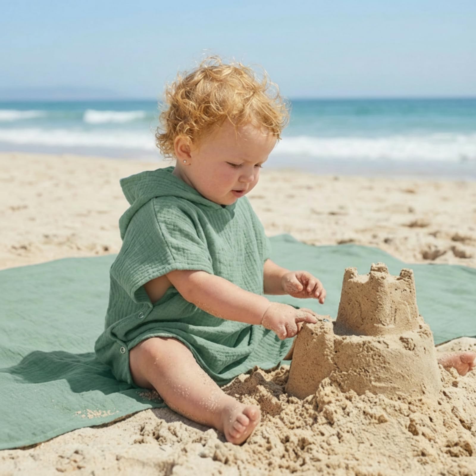 Frienda Muslin Hooded Beach Towel for 0-3 Years Kids Soft Muslin Bath Poncho for Baby Absorbent Fast Drying Blankets for Boys Girls Newborns Toddler Beach Pool Bath Essentials(Green) - Image 5