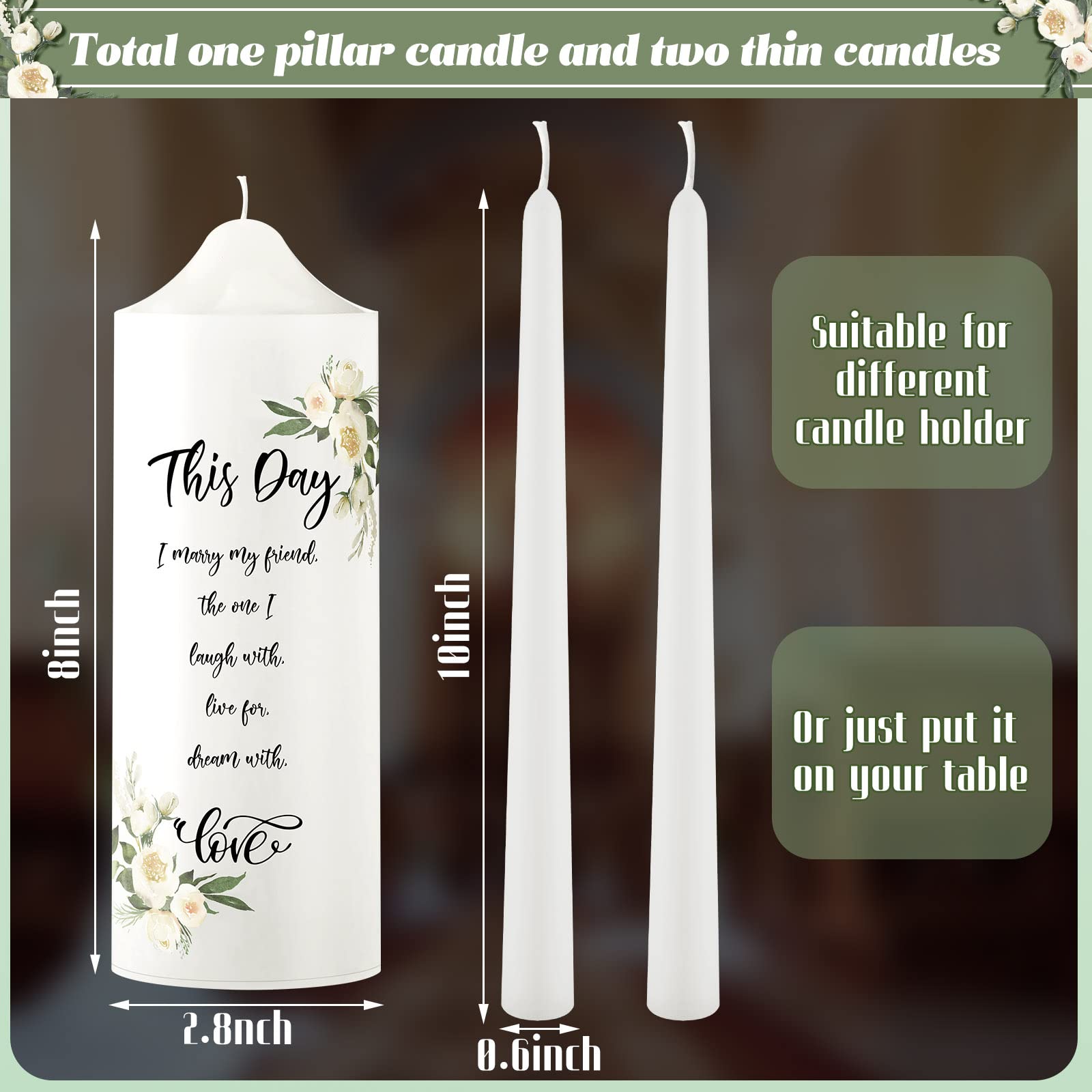 Frienda Unity Candles for Wedding Ceremony Set Wedding Unity Taper Candles Catholic Religious Ceremony Accessories(Eucalyptus Leaf) - Image 3