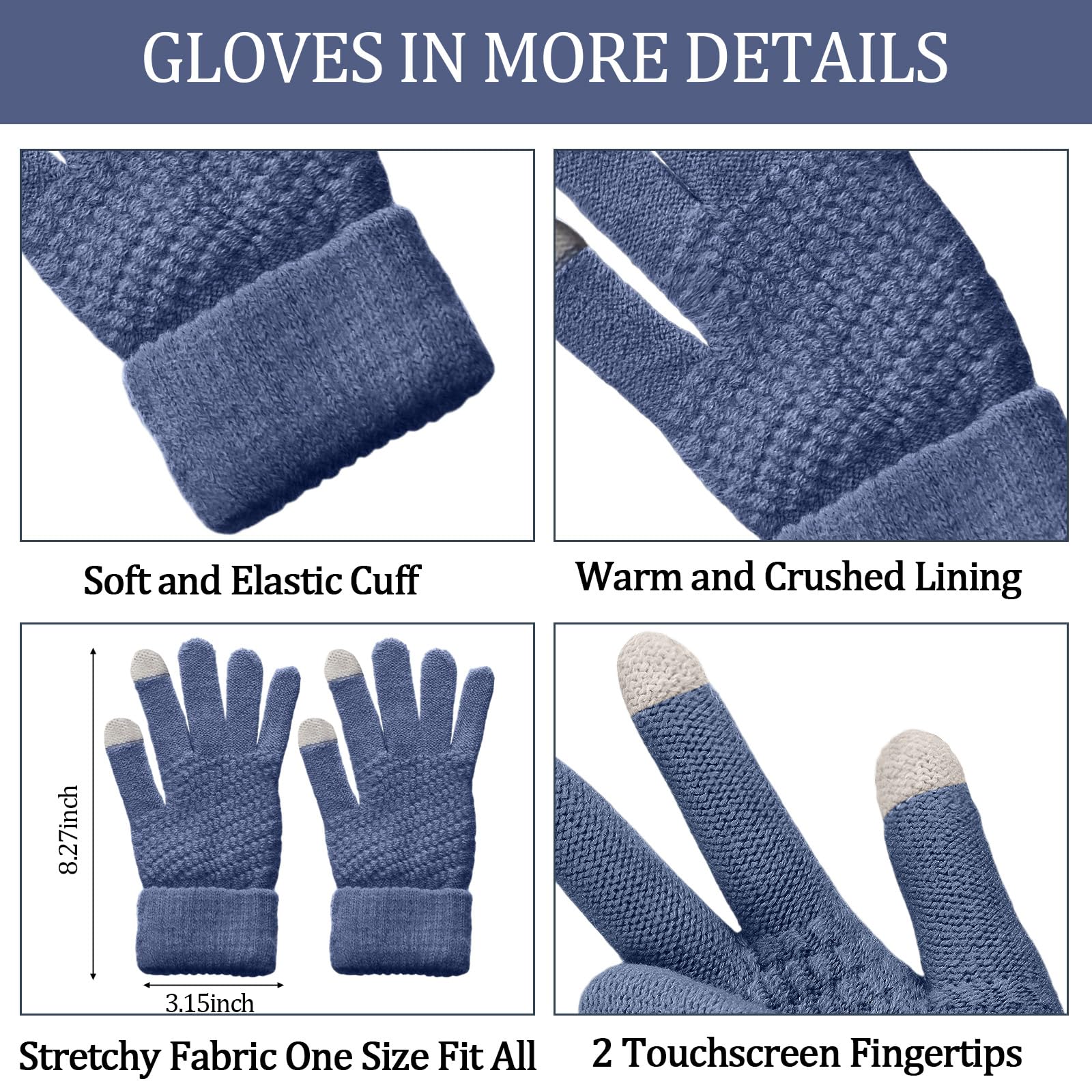 Geyoga 3 Pcs Winter Beanie Hat Scarf Gloves Set Warm Winter Knit Hats with Pom Long Scarf Touchscreen Gloves for Women Men - Image 3