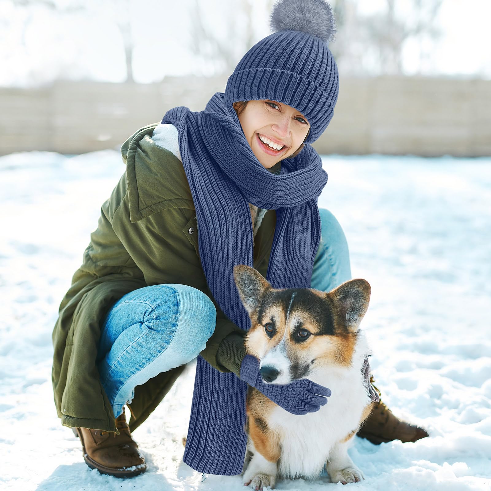 Geyoga 3 Pcs Winter Beanie Hat Scarf Gloves Set Warm Winter Knit Hats with Pom Long Scarf Touchscreen Gloves for Women Men - Image 6