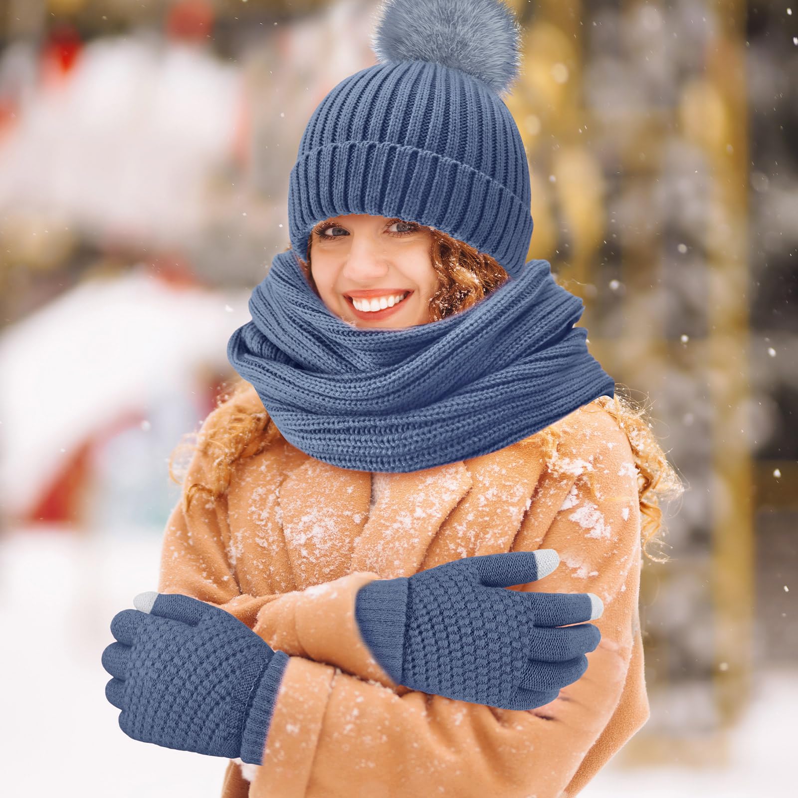 Geyoga 3 Pcs Winter Beanie Hat Scarf Gloves Set Warm Winter Knit Hats with Pom Long Scarf Touchscreen Gloves for Women Men - Image 7