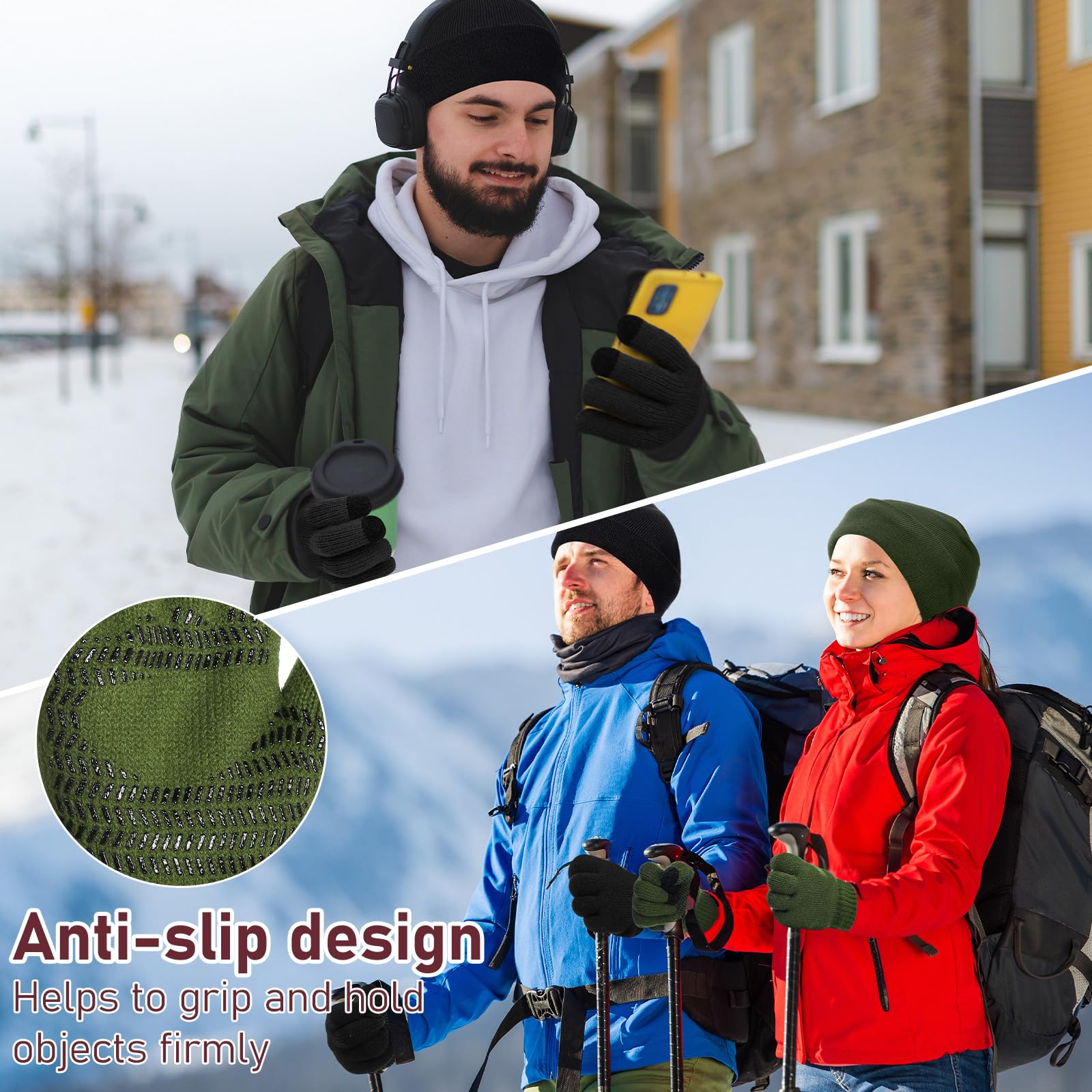 Geyoga 4 Pcs Winter Warm Beanie Touchscreen Gloves Set Soft Skull Cap Warm Fleece Lined Ski Hat Set Knit for Men - Image 5