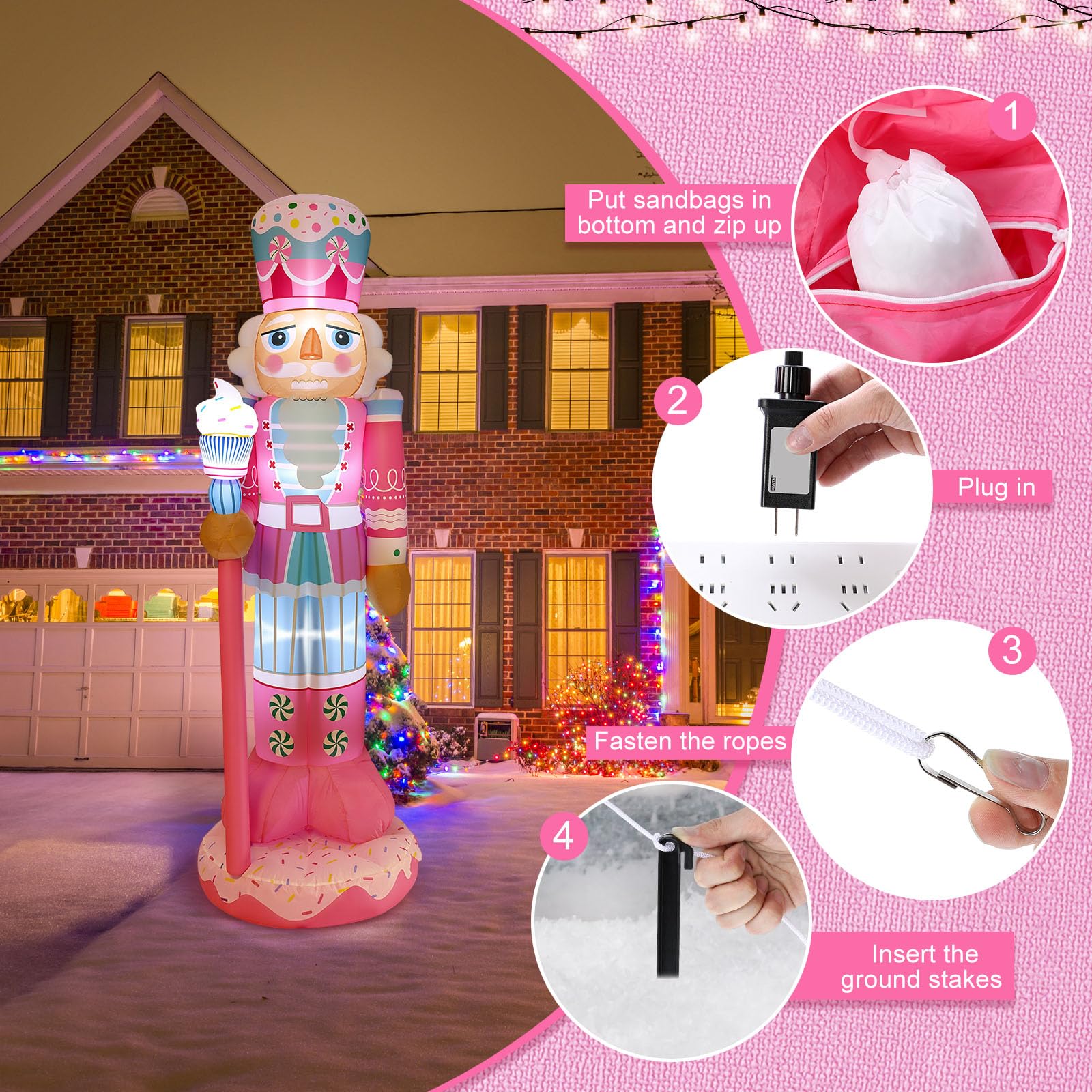 Geyoga 8FT Christmas Inflatable Outdoor Decoration Pink Nutcracker Hold Cake Cane Blow Up with LED Lights Inflatable Nutcracker Yard Decor for Xmas Decorations Outdoor Indoor Xmas Gifts - Image 3