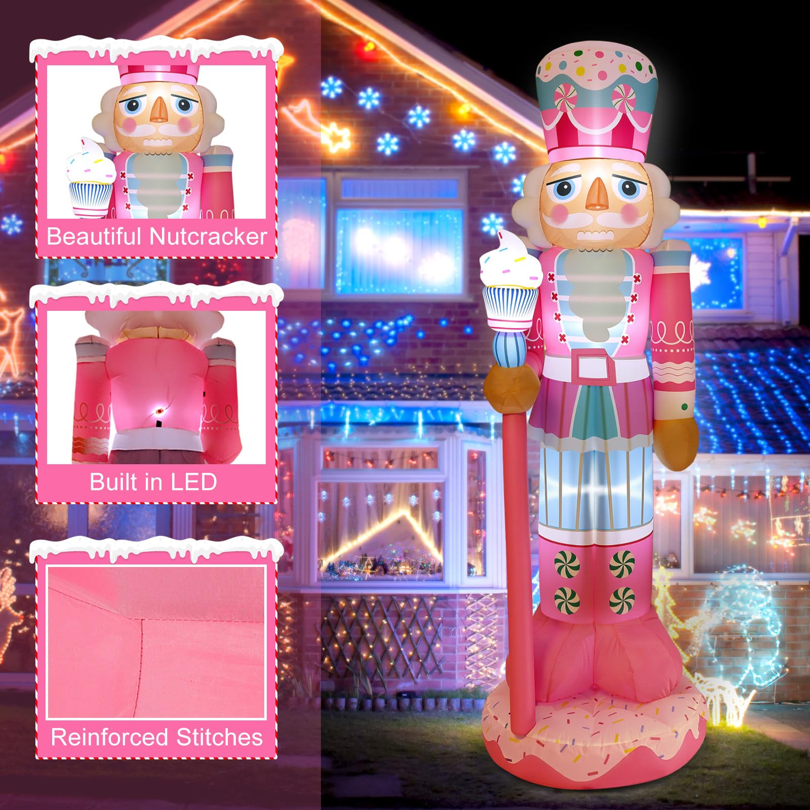 Geyoga 8FT Christmas Inflatable Outdoor Decoration Pink Nutcracker Hold Cake Cane Blow Up with LED Lights Inflatable Nutcracker Yard Decor for Xmas Decorations Outdoor Indoor Xmas Gifts - Image 4