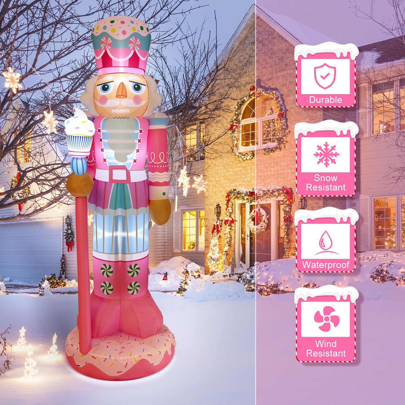 Geyoga 8FT Christmas Inflatable Outdoor Decoration Pink Nutcracker Hold Cake Cane Blow Up with LED Lights Inflatable Nutcracker Yard Decor for Xmas Decorations Outdoor Indoor Xmas Gifts - Image 5