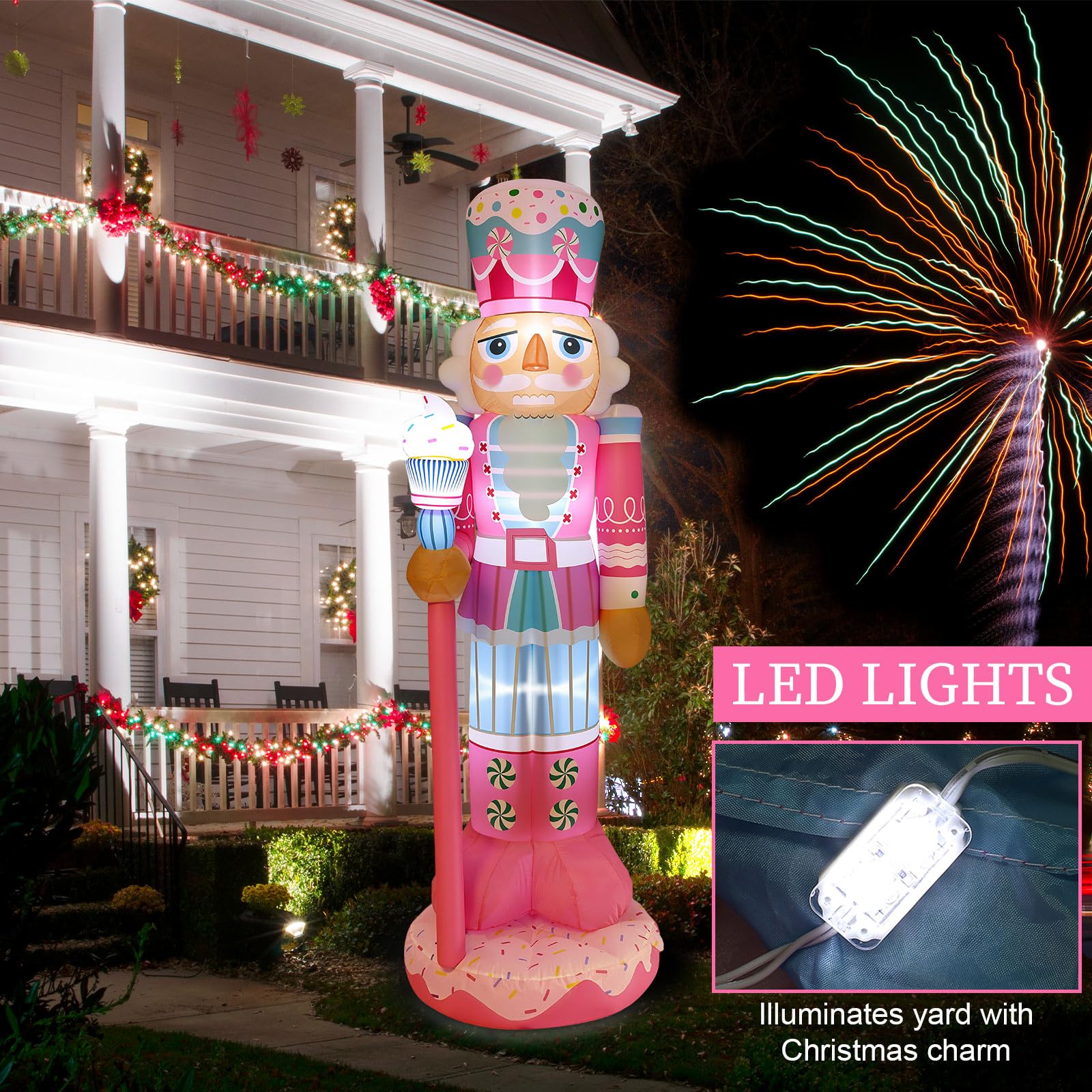 Geyoga 8FT Christmas Inflatable Outdoor Decoration Pink Nutcracker Hold Cake Cane Blow Up with LED Lights Inflatable Nutcracker Yard Decor for Xmas Decorations Outdoor Indoor Xmas Gifts - Image 6