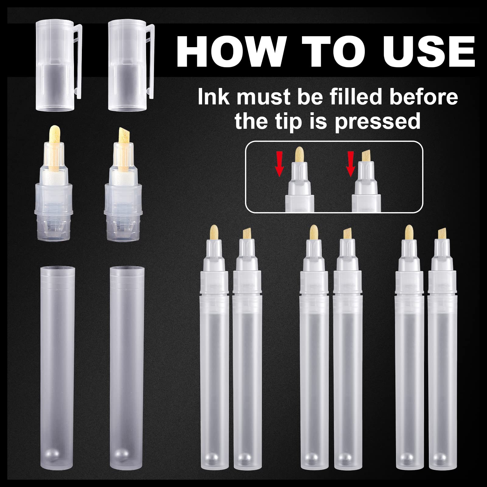 Sepamoon Set of 12 Empty Fillable Pen 3 mm 6 Mm, Refillable Paint Pen Blank Round Tilted Flat Head Refillable Paint Markers Fine Tip Acrylic Markers for Touch Up Graffiti Paper Drawing - Image 3